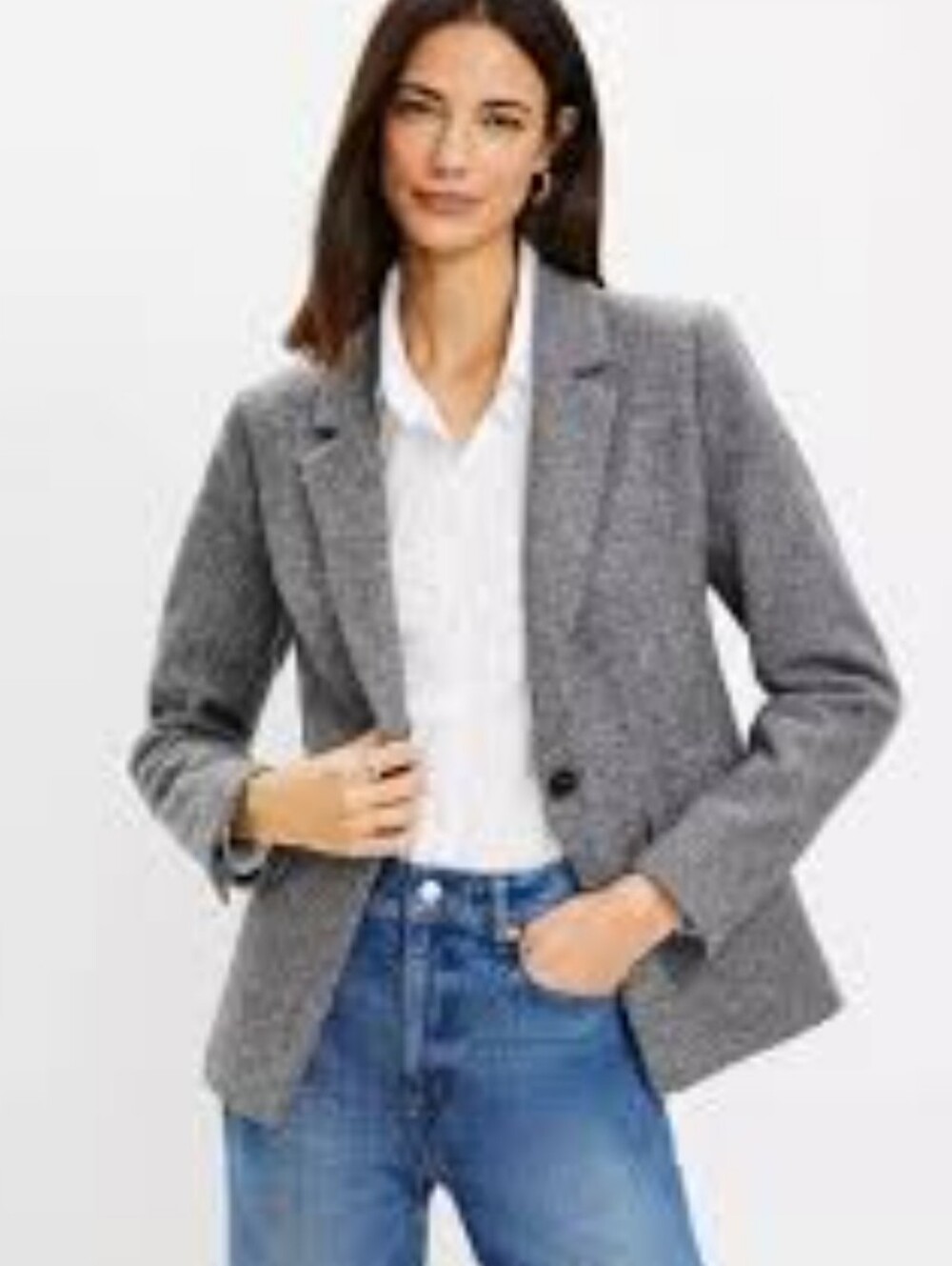 LOFT Charcoal Herringbone Single-Button Blazer